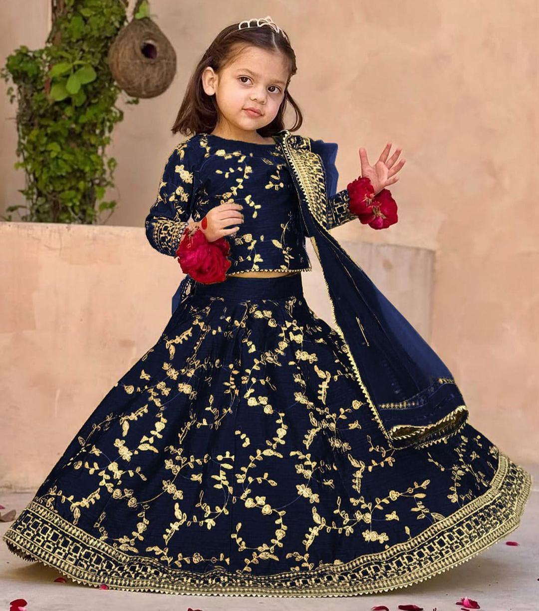 Charming Girl's Raw Silk Embroidered Shirt and Skirt Set - 3 Pcs