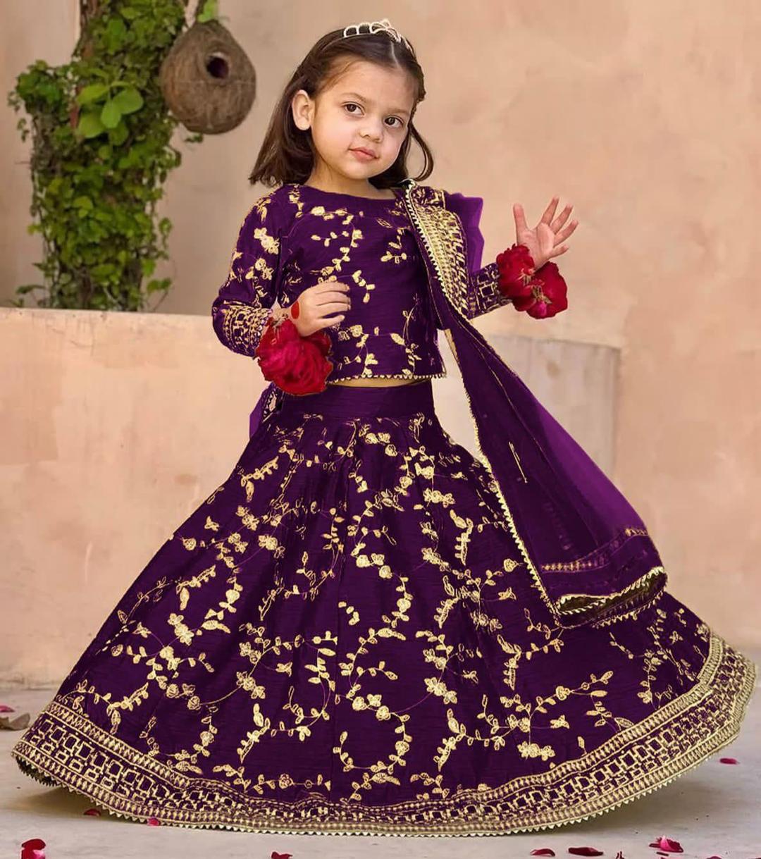 3 Pcs Girl's Raw Silk Embroidered Shirt And Skirt Set in Purple