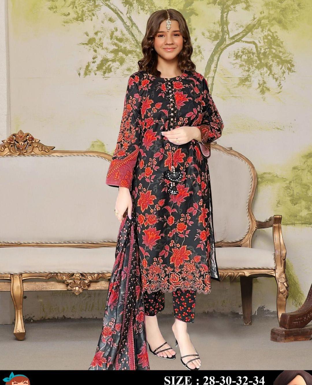 Charming Girl's Printed Stitched Suit with 3 Pcs - Lawn Fabric Ensemble