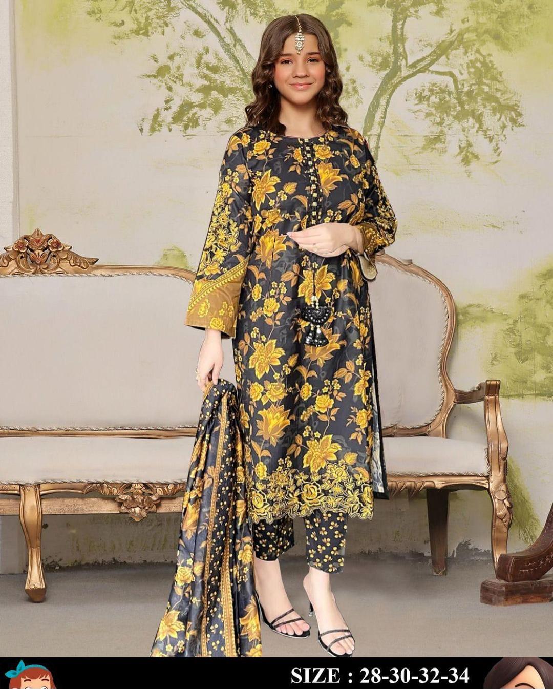 Stylish Girl's Stitched Suit Set - 3 Pcs Printed Lawn Outfit for Ages 1-12