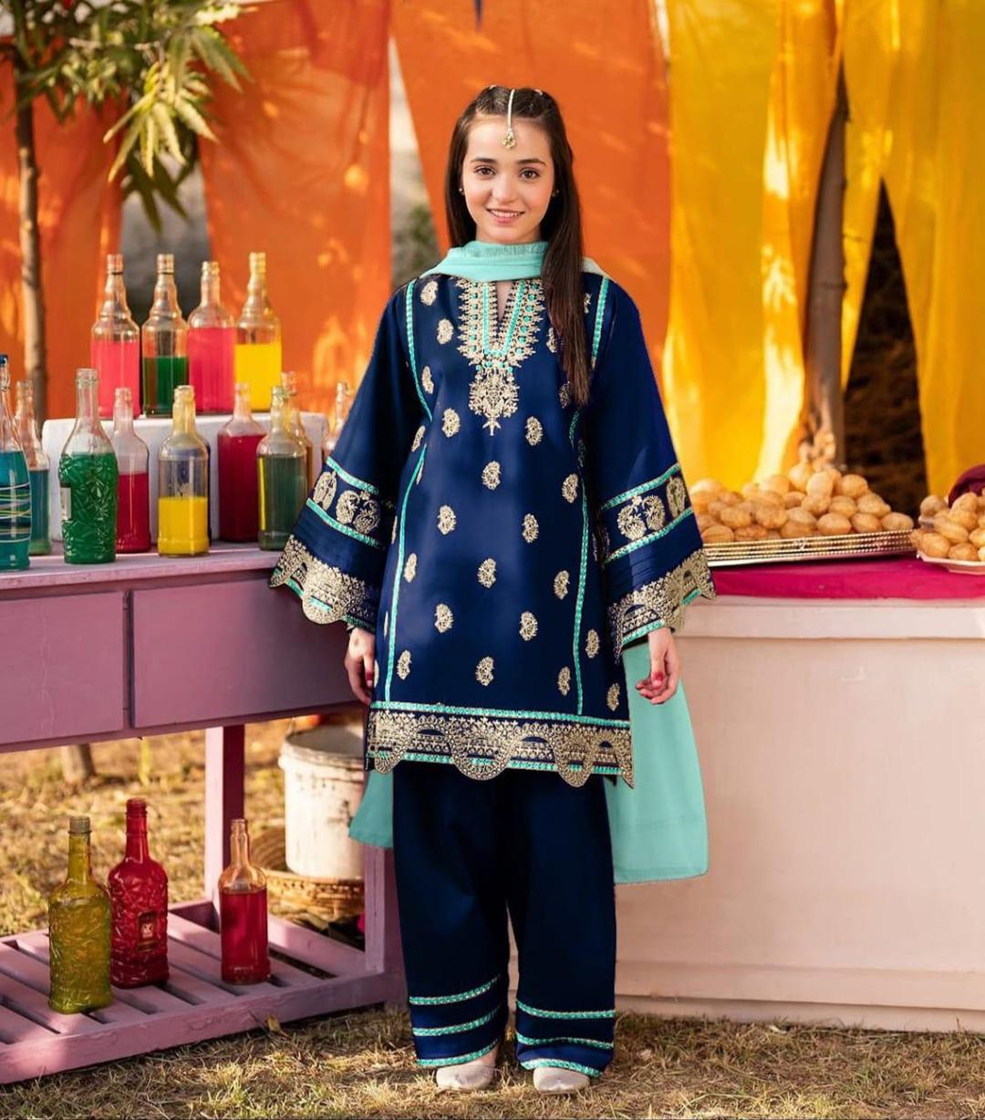 3 Pcs Girl's Raw Silk Embroidered Kurta And Trouser