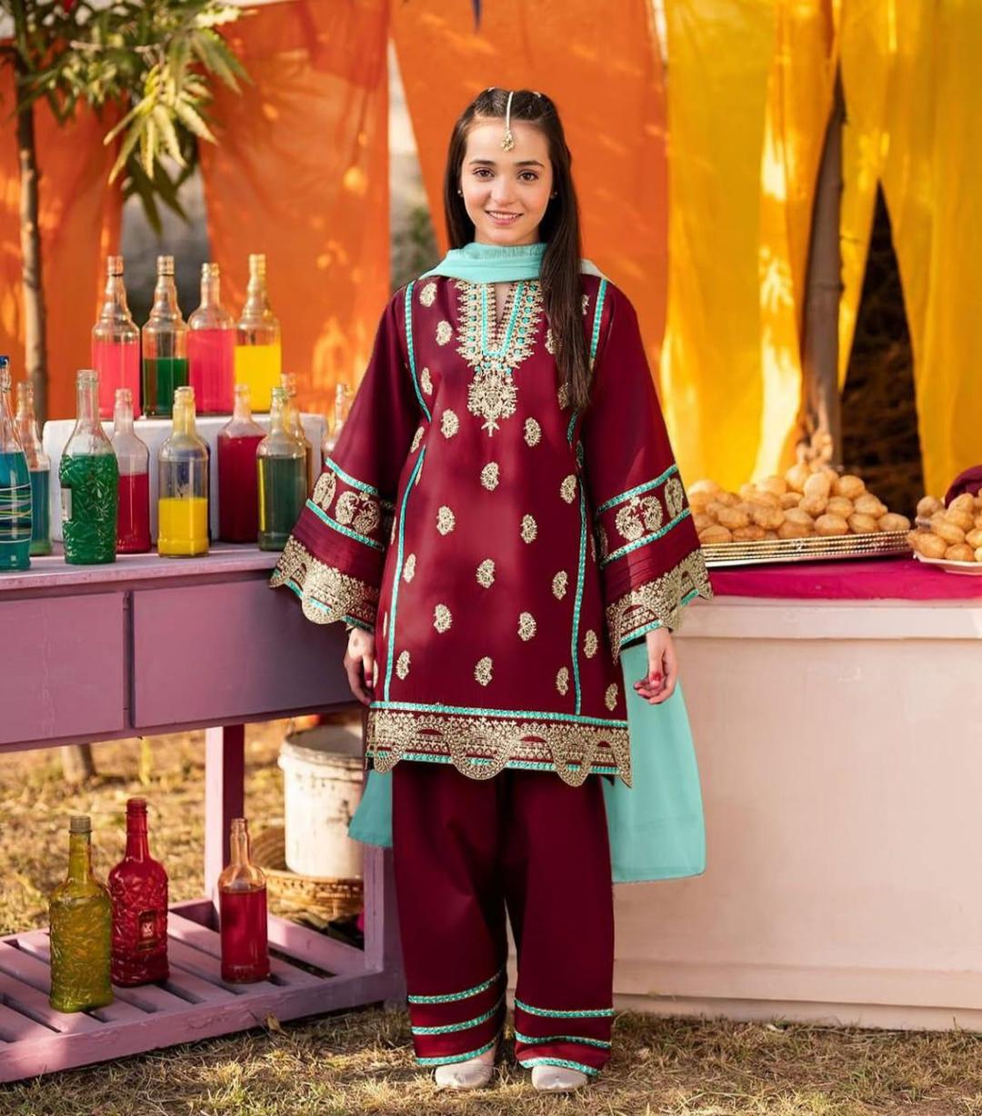 3 Pcs Girl's Raw Silk Embroidered Kurta And Trouser