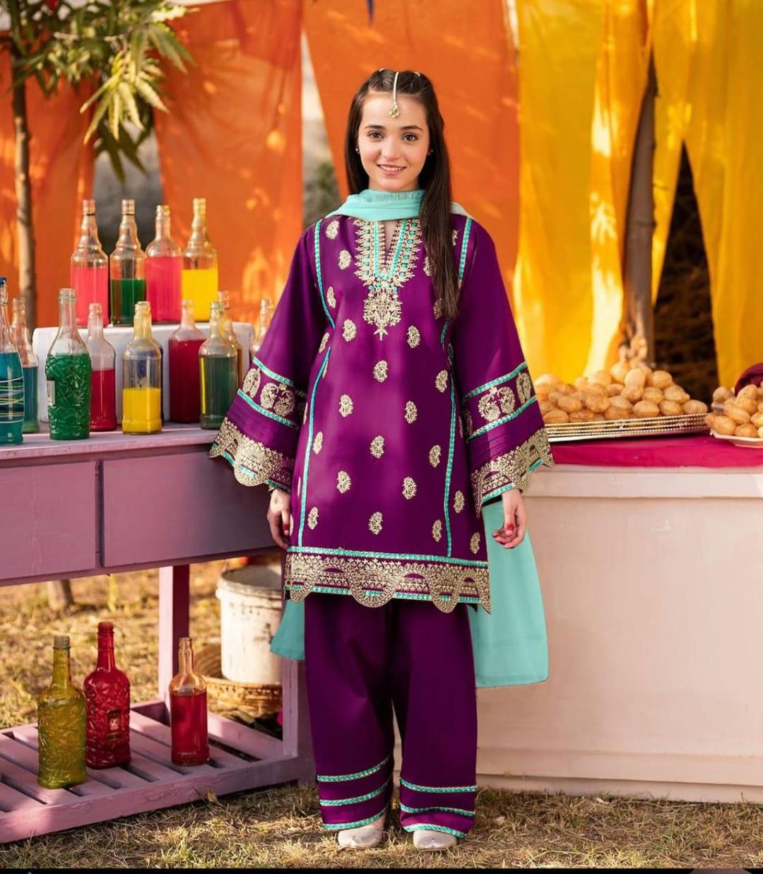 3 Pcs Girl's Raw Silk Embroidered Kurta And Trouser