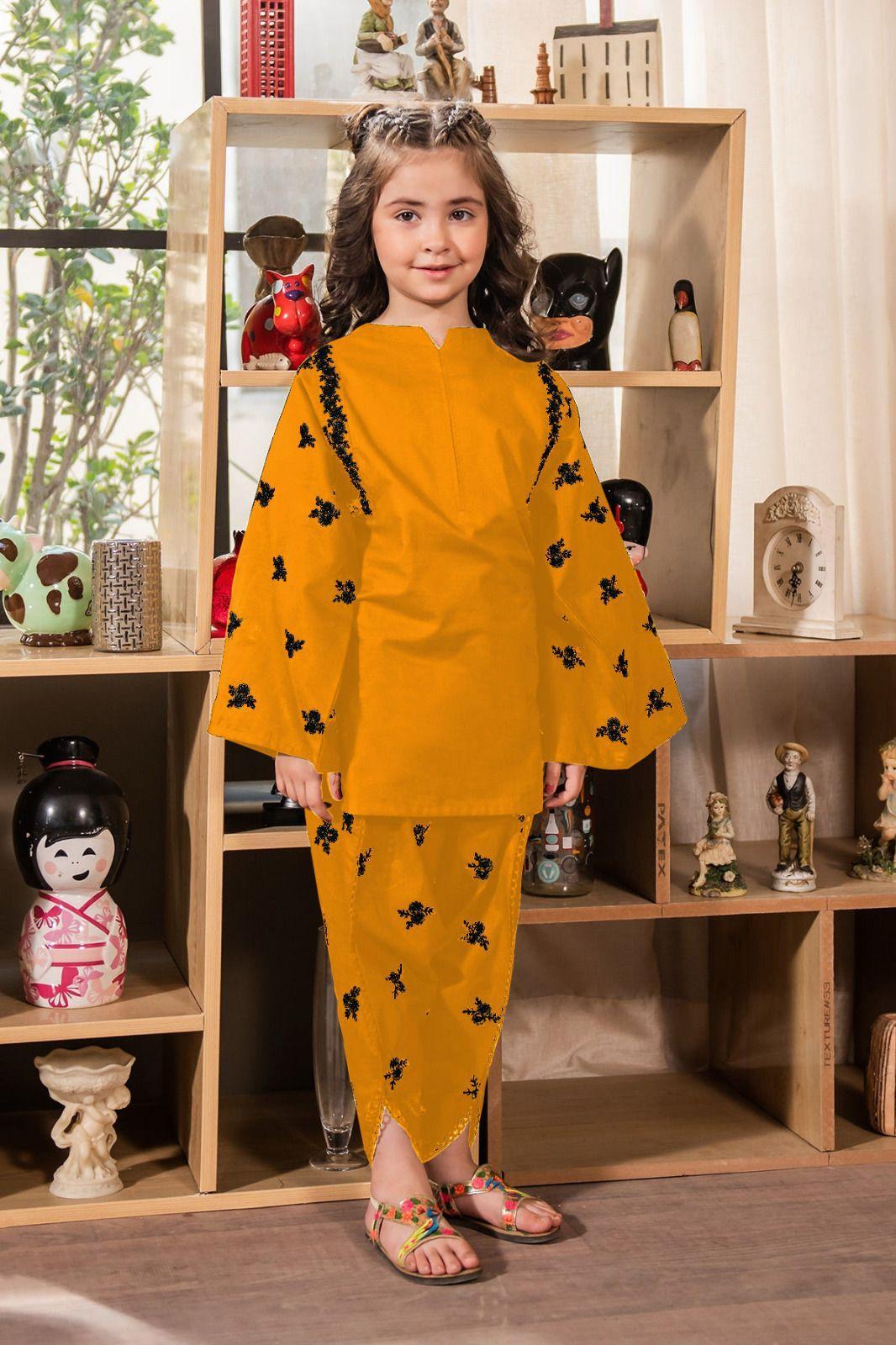 2 Pcs Girl's Cotton Embroidered Kurta And Trouser