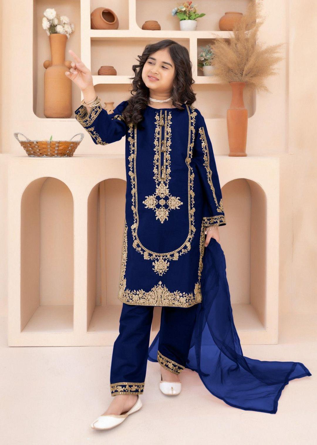 3 Pcs Girl's Silk Embroidered Kurta And Shalwar Suit