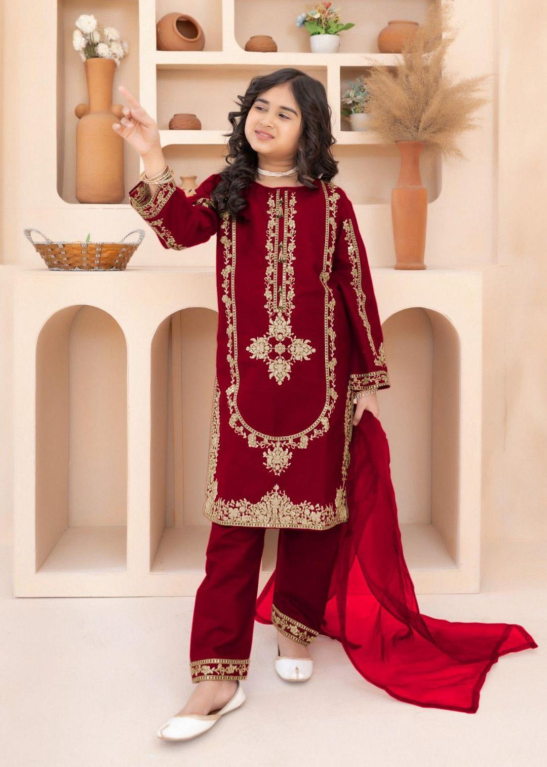 3 Pcs Girl's Silk Embroidered Kurta And Shalwar Suit