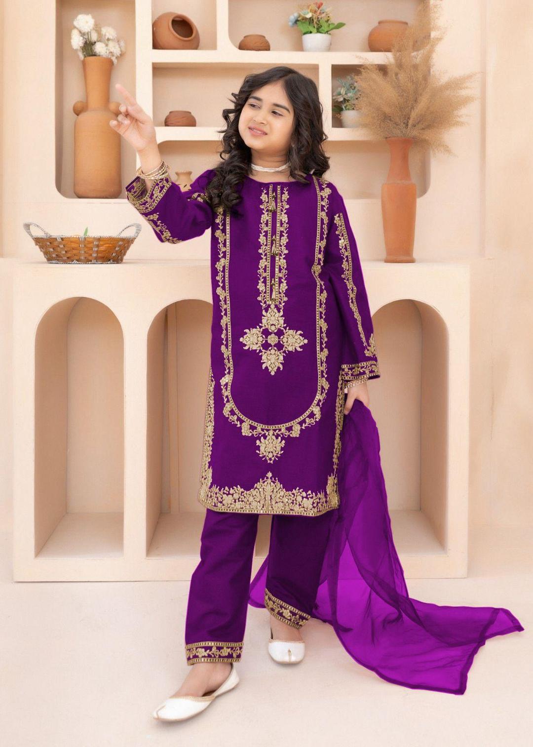 3 Pcs Girl's Silk Embroidered Kurta And Shalwar Suit