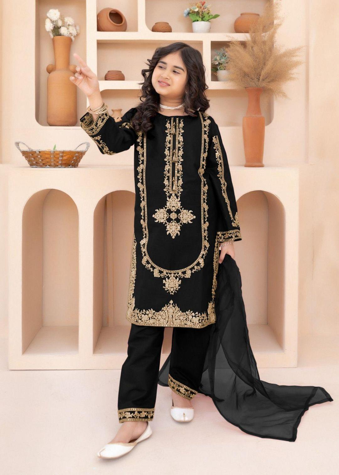 3 Pcs Girl's Silk Embroidered Kurta And Shalwar Suit