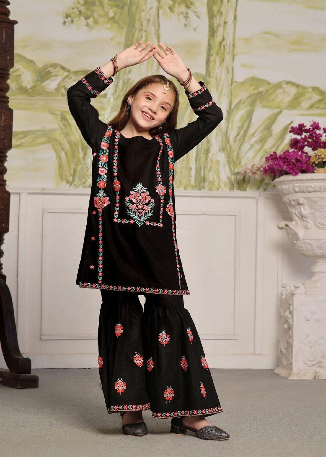 2 Pcs Girl's Cotton Embroidered Kurta And Trouser