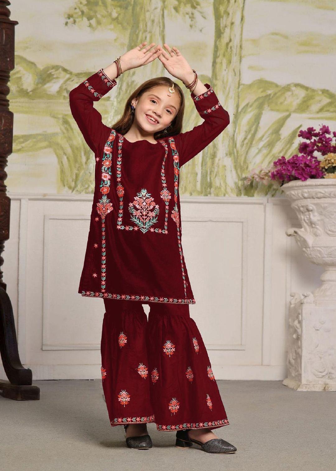 2 Pcs Girl's Cotton Embroidered Kurta And Trouser