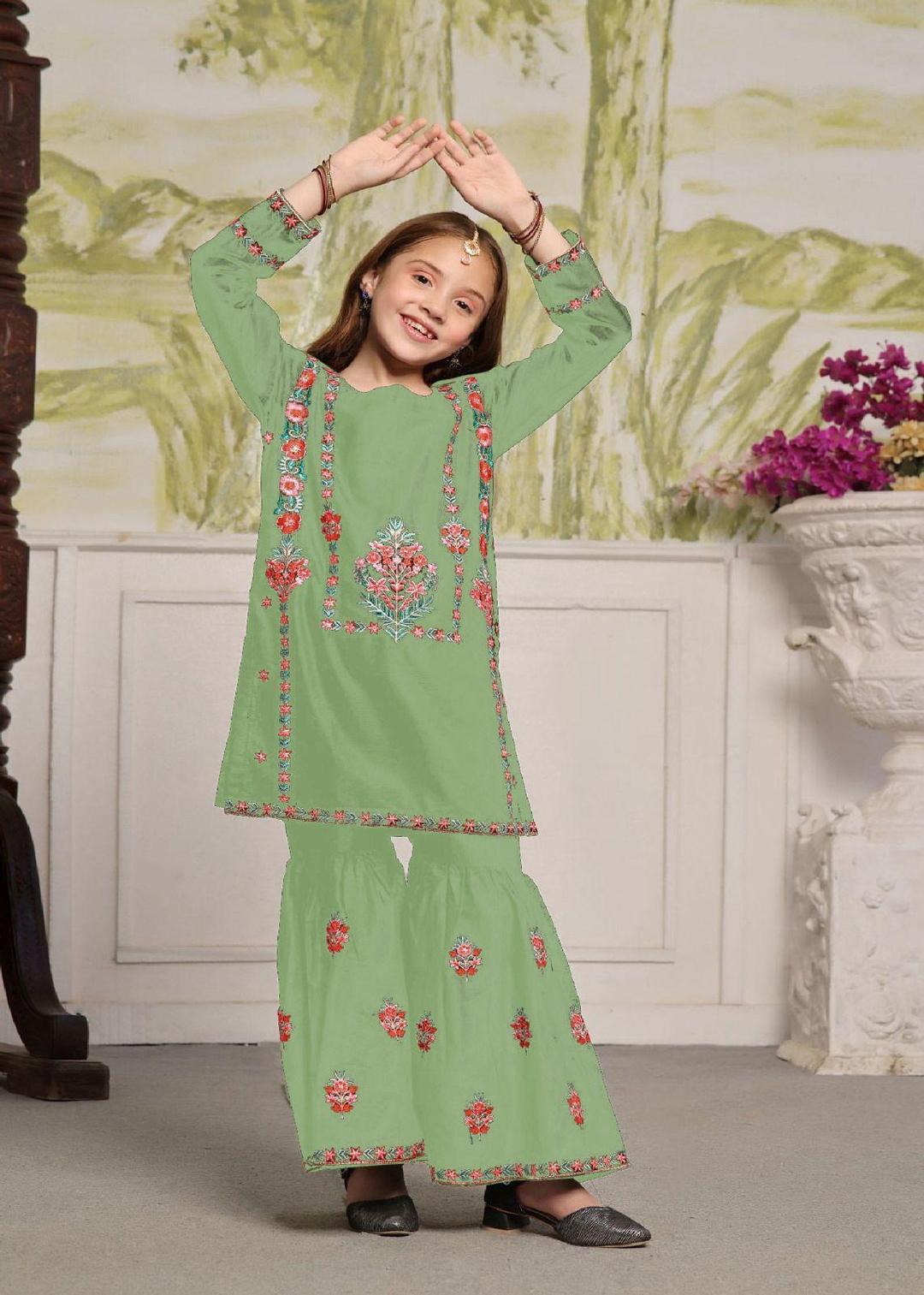 2 Pcs Girl's Cotton Embroidered Kurta And Trouser