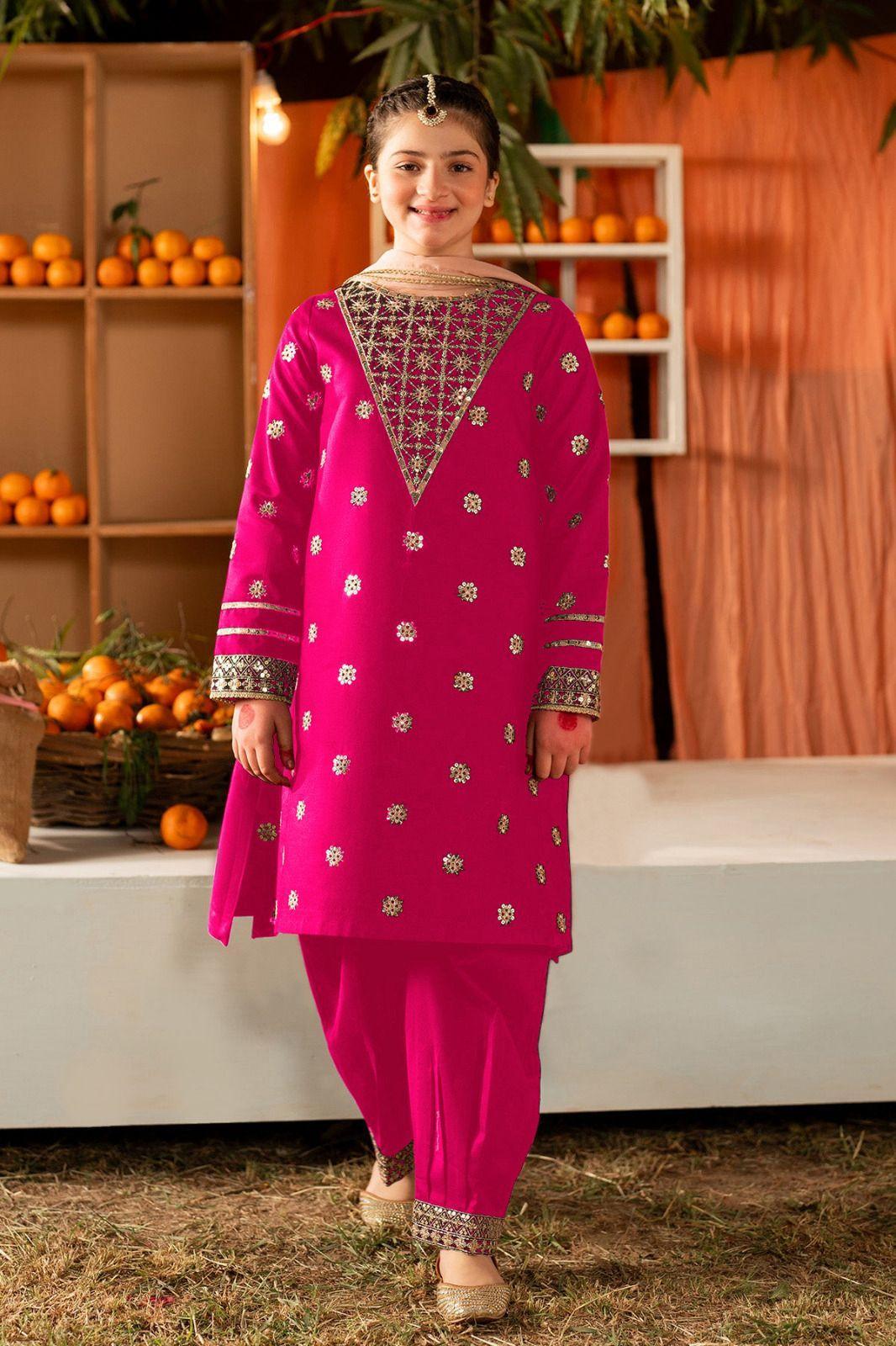 2 Pcs Girl's Cotton Embroidered Kurta And Trouser