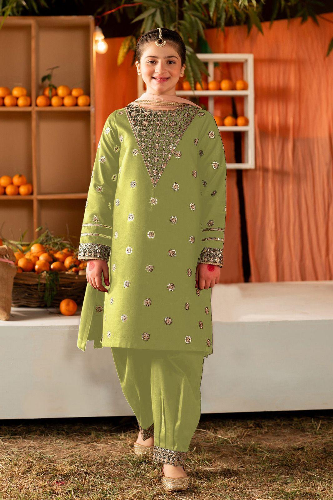 2 Pcs Girl's Cotton Embroidered Kurta And Trouser