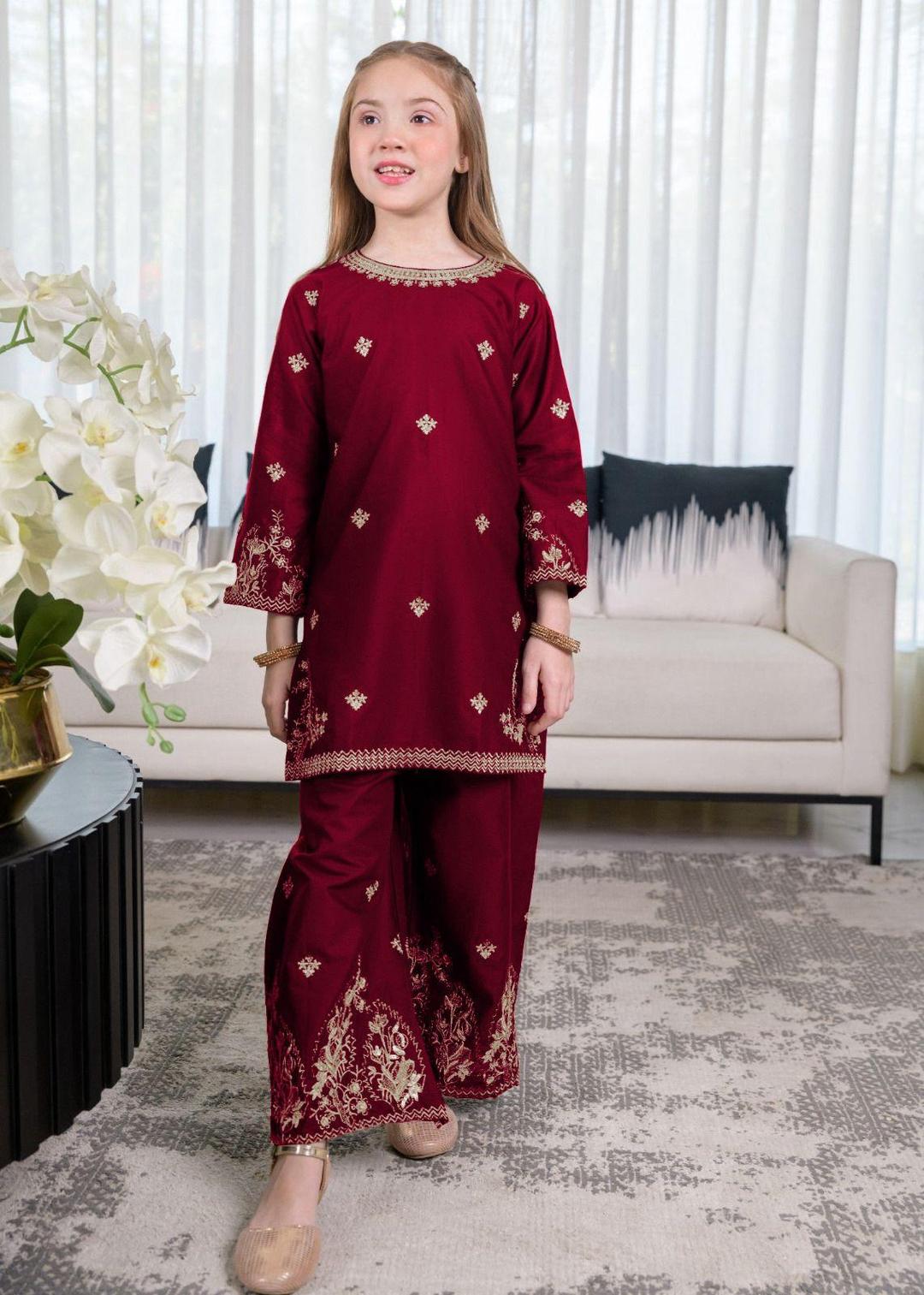 2 Pcs Girl's Cotton Embroidered Kurta And Trouser