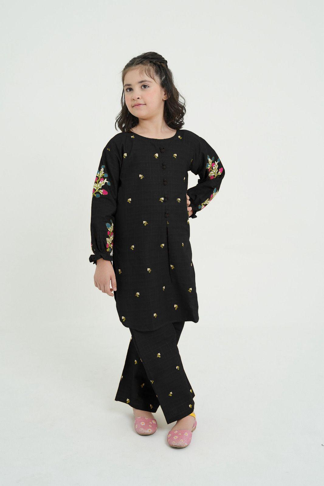 2 Pcs Girl's Cotton Embroidered Kurta And Trouser