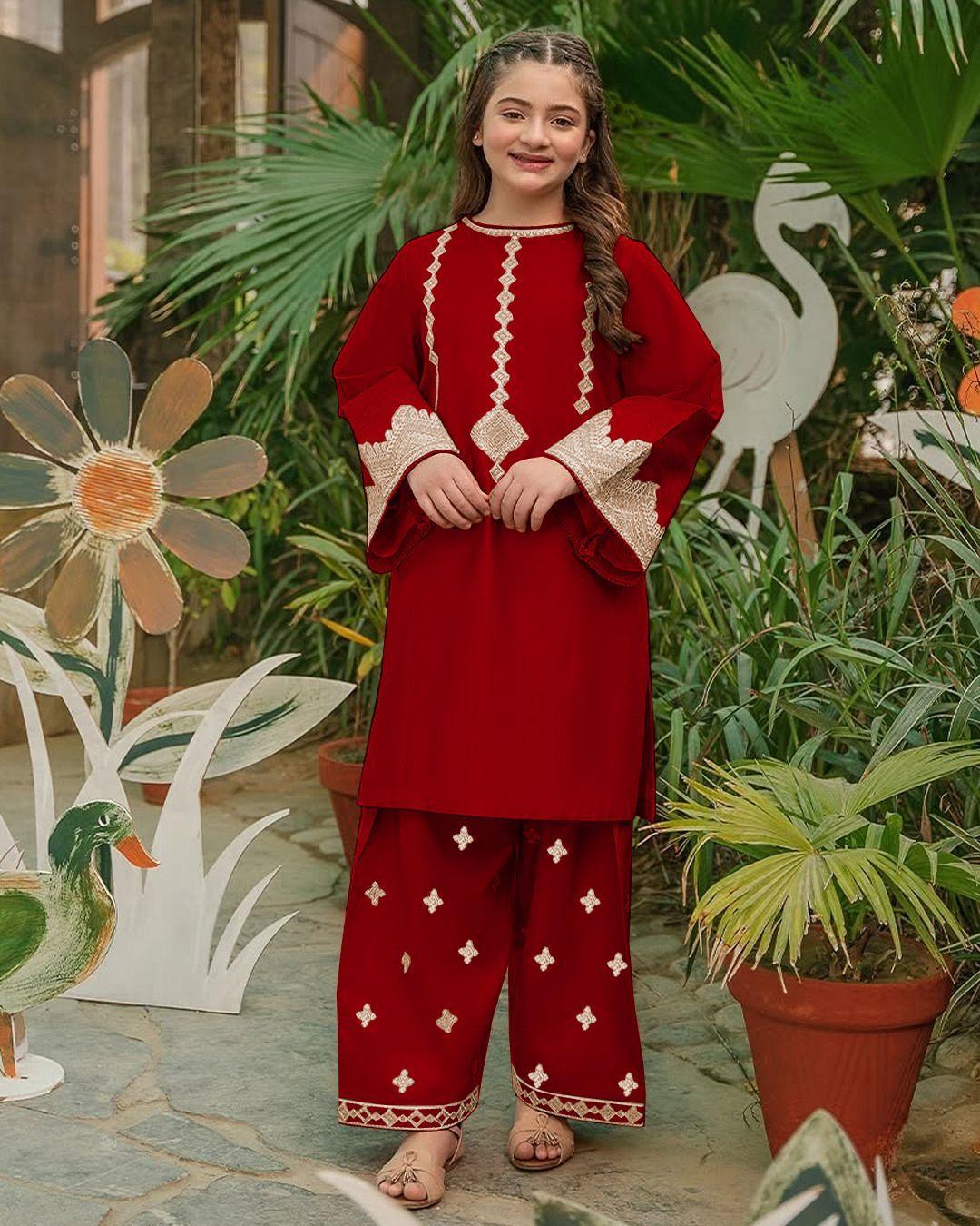 2 Pcs Girl's Cotton Embroidered Kurta And Trouser