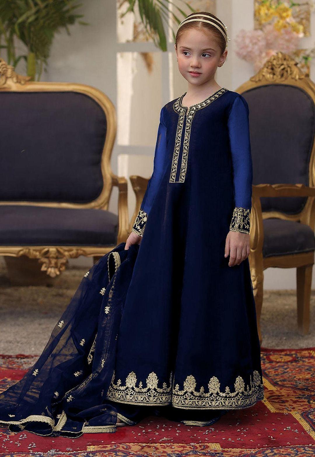 3 Pcs Girl's Chiffon Embroidered Frock And Trouser Set