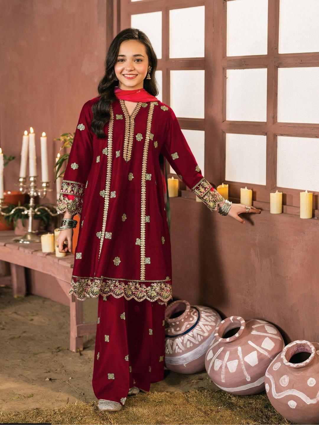 2 Pcs Girl's Cotton Embroidered Kurta And Trouser