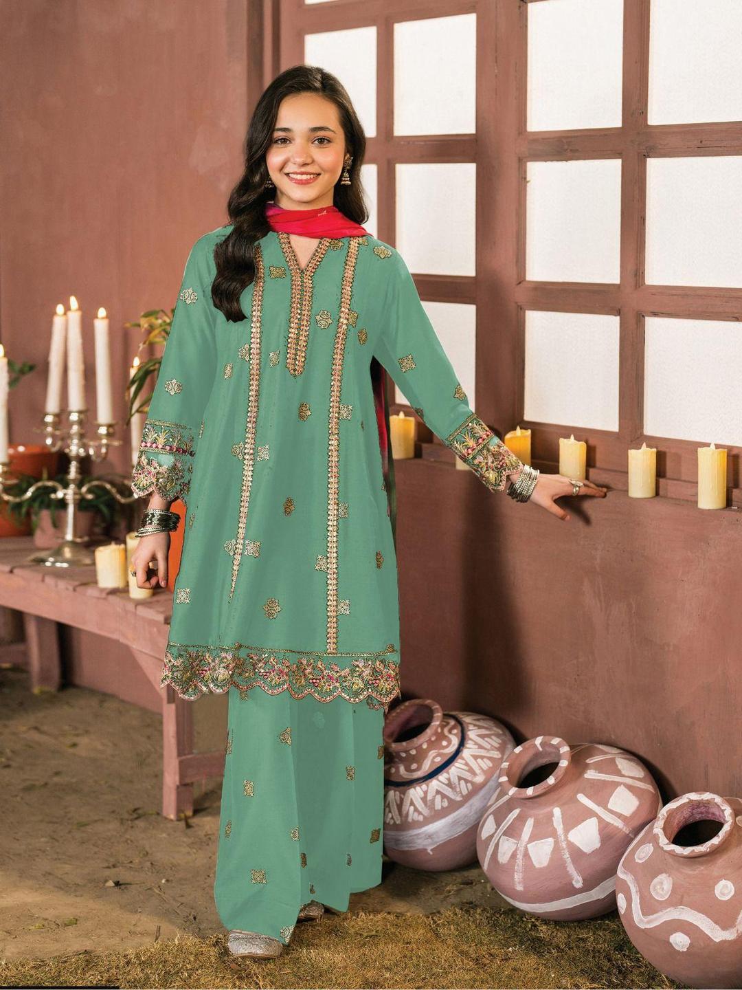 2 Pcs Girl's Cotton Embroidered Kurta And Trouser