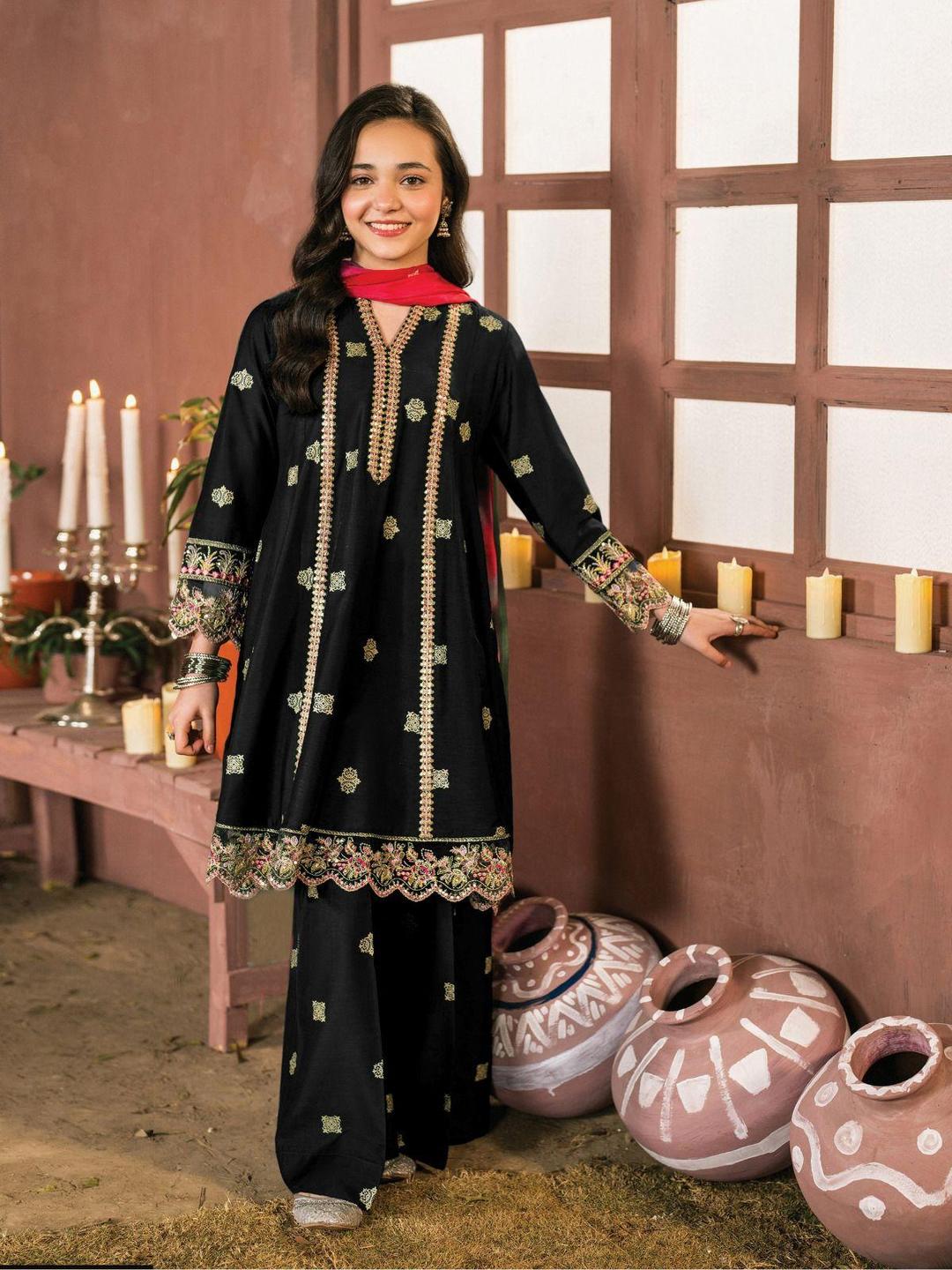 2 Pcs Girl's Cotton Embroidered Kurta And Trouser