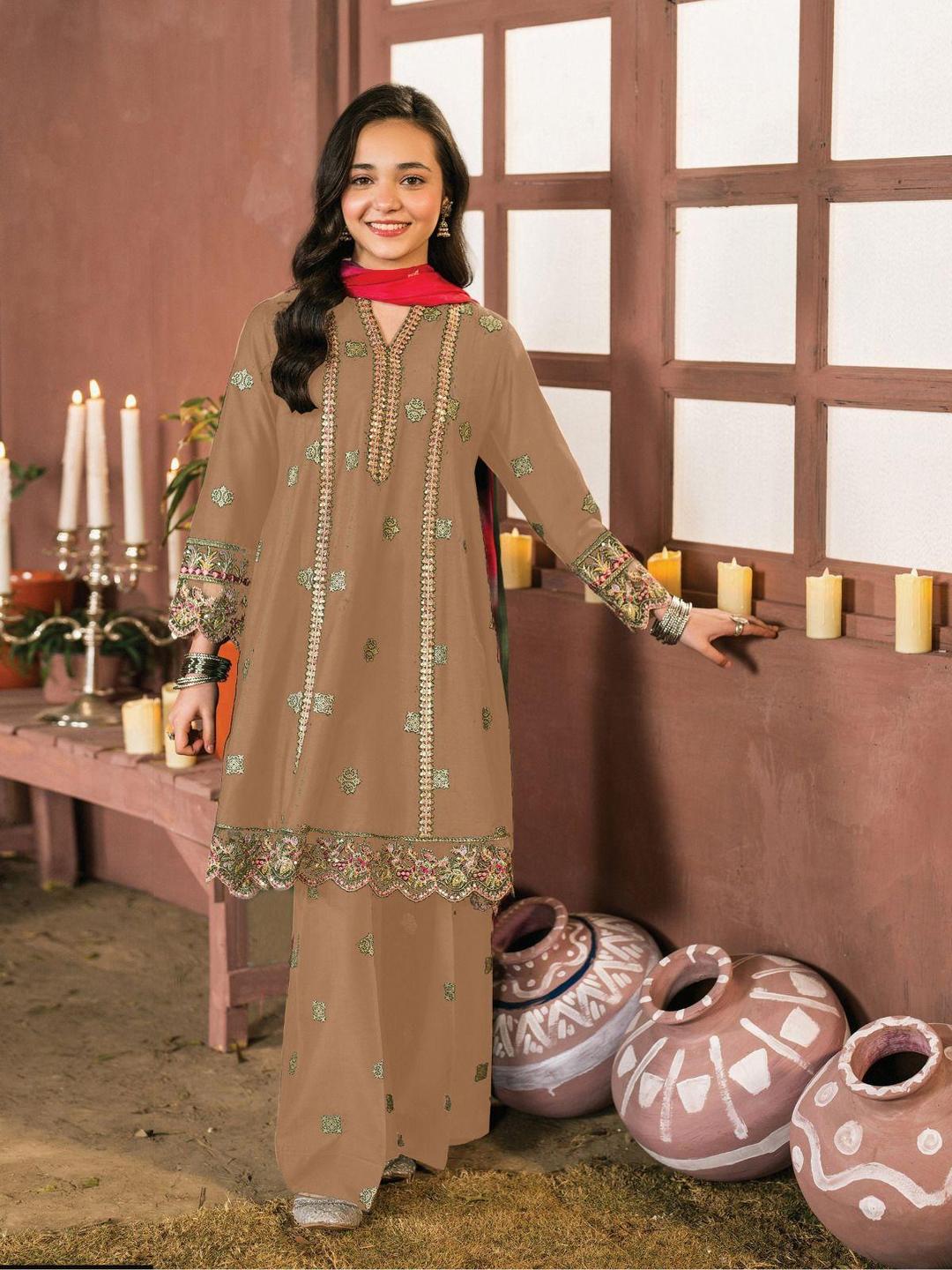 2 Pcs Girl's Cotton Embroidered Kurta And Trouser