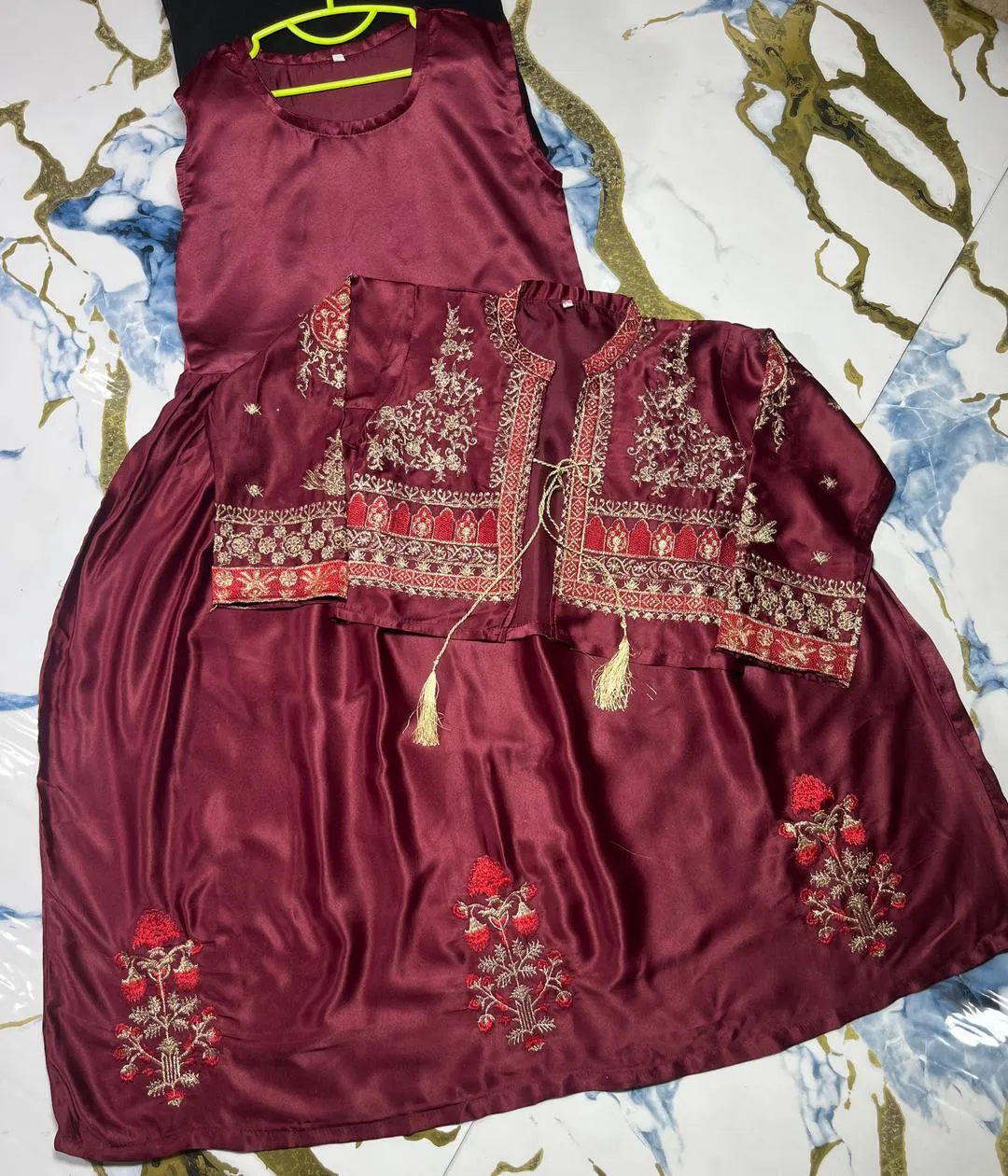 Silk Embroidered Maxi Jacket Set for Girls Maroon 30-34