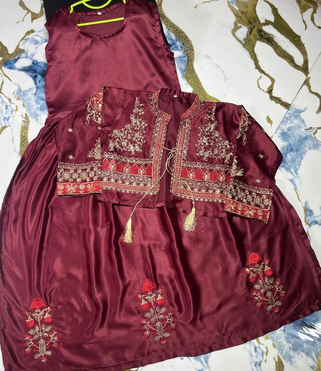 Silk Embroidered Maxi Jacket Set for Girls Maroon 30-34