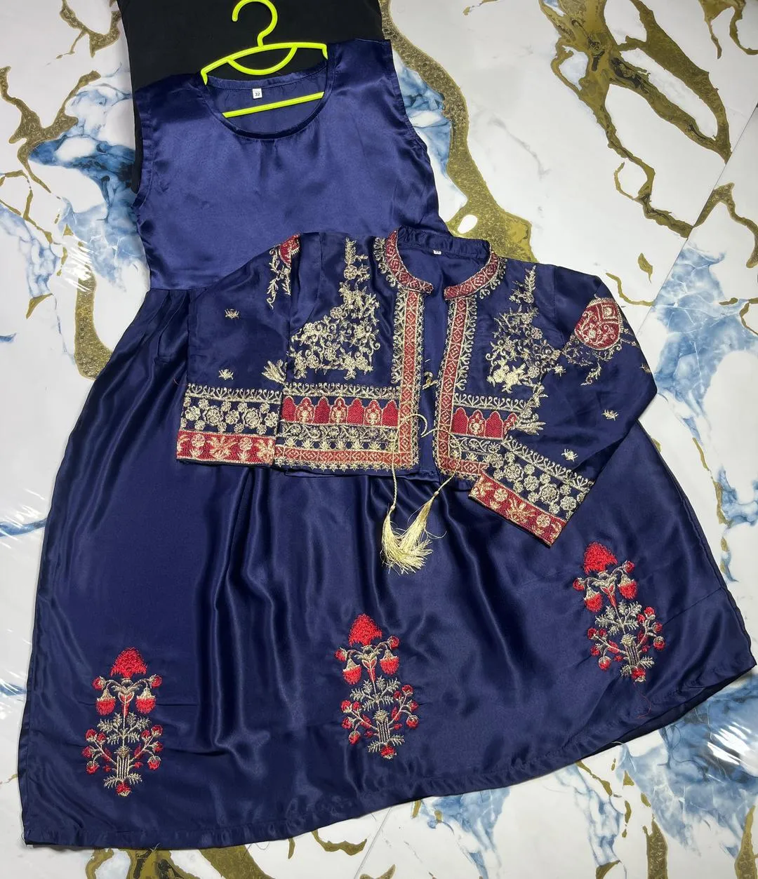 Girls Silk Embroidered Maxi Jacket Set Blue