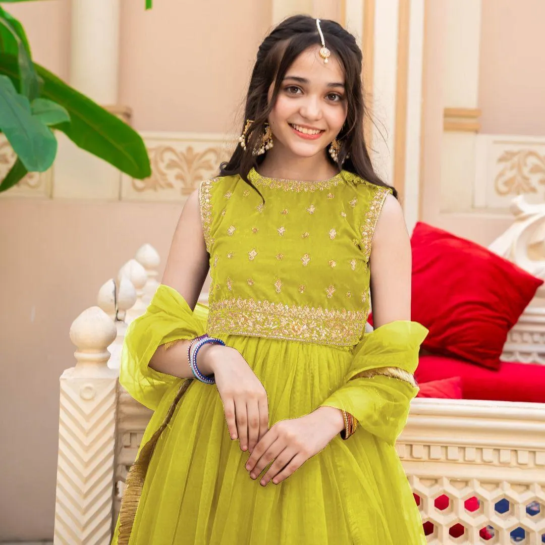 3 Pcs Girl's Chiffon Embroidered Shirt And Skirt Set