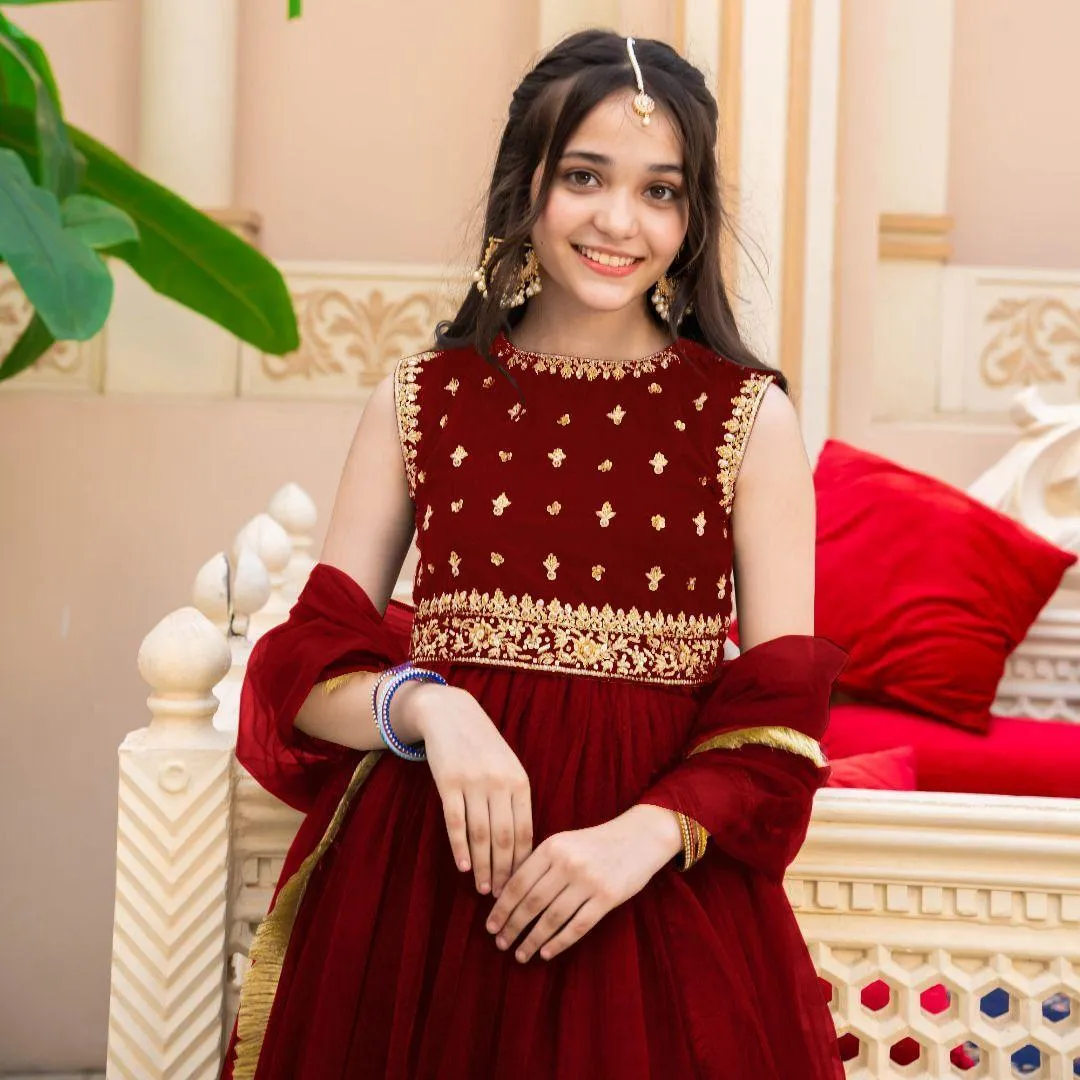 3 Pcs Girl's Chiffon Embroidered Shirt And Skirt Set