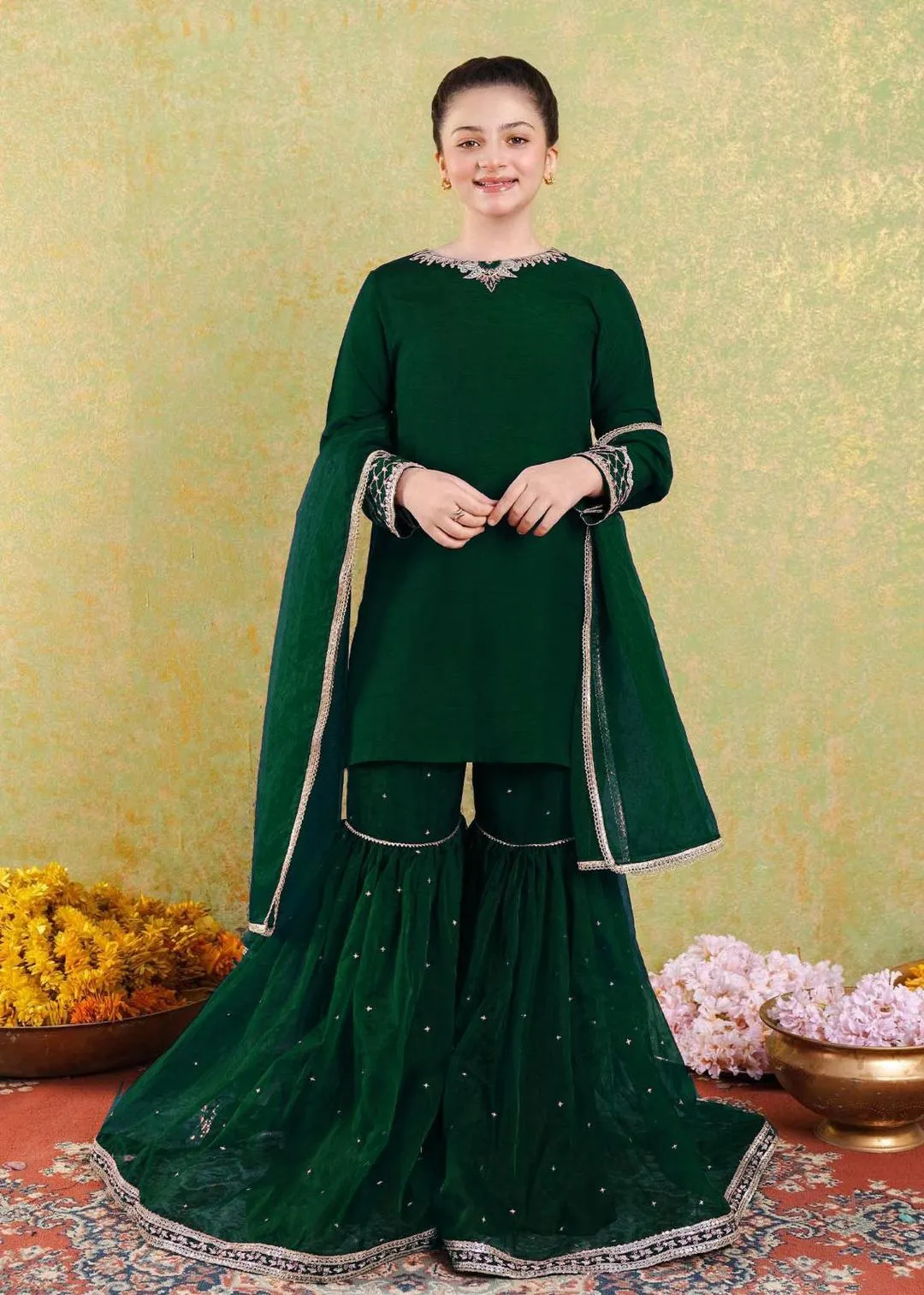 3 Pcs Girl's Shamoz Silk Embroidered Shirt And Trouser Suit