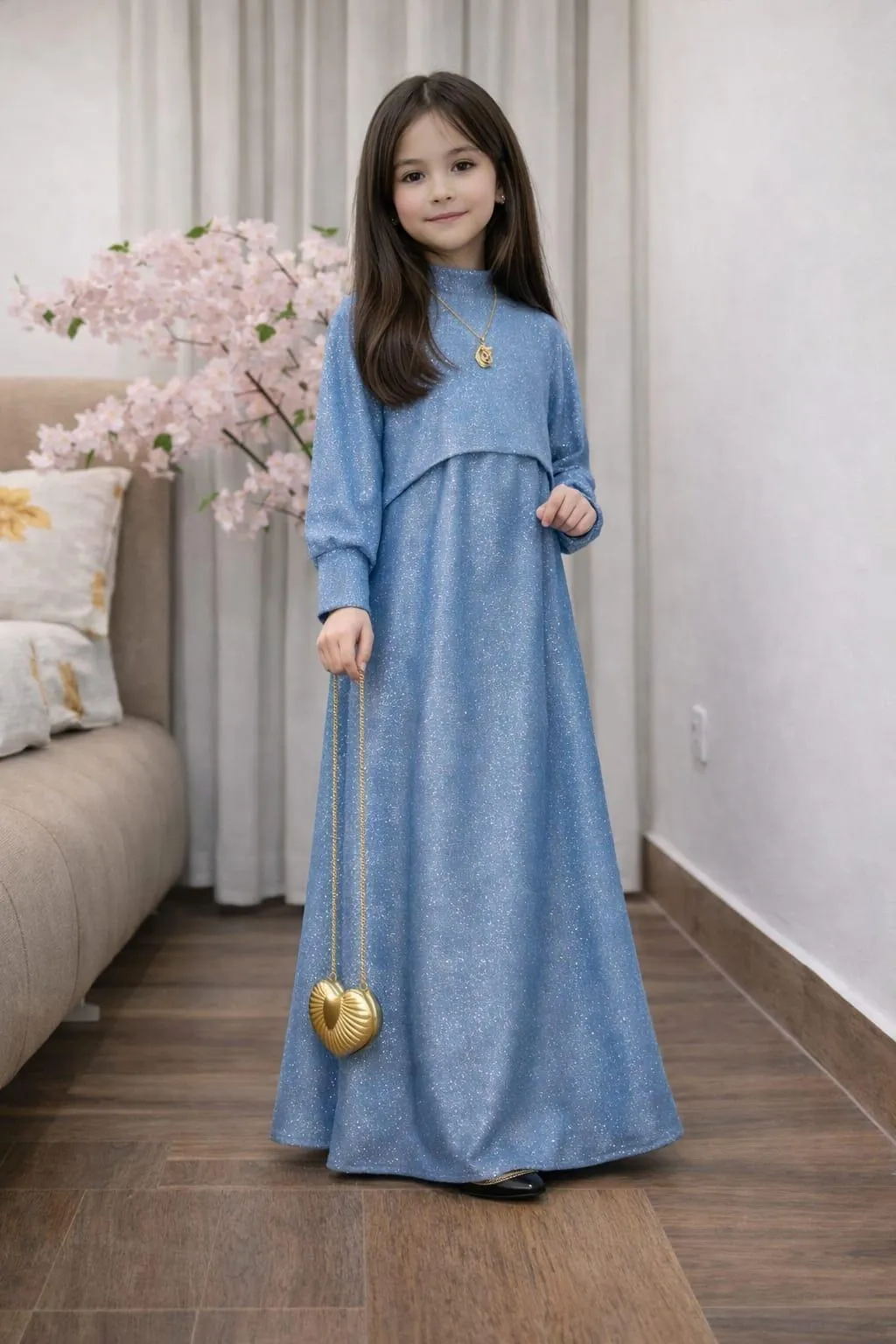 Turquoise Girl's Glitter Maxi & Cap Set 2Pcs