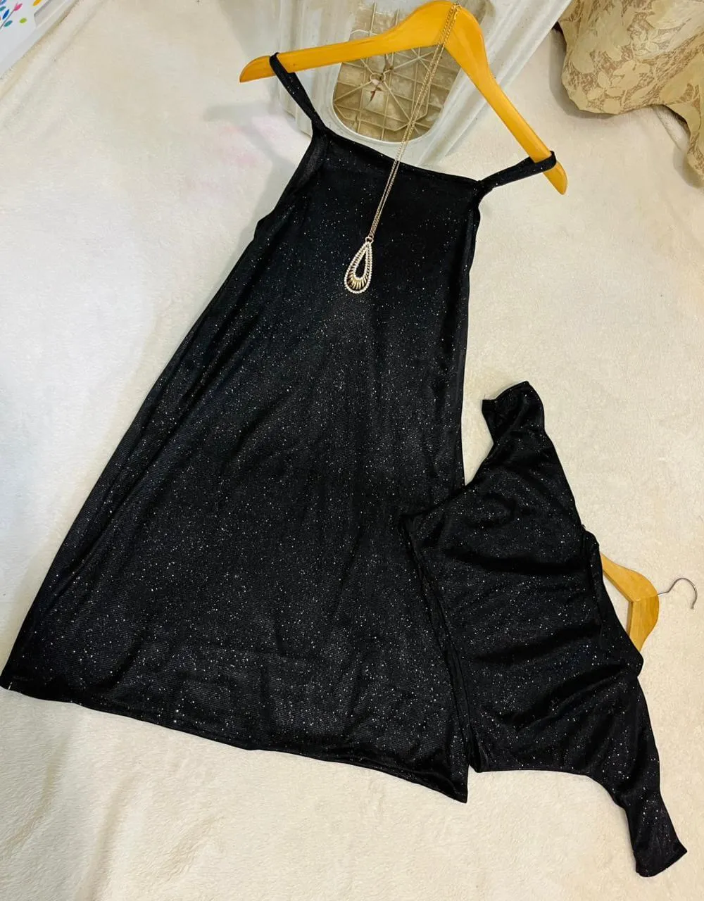 Girls Black Glitter Maxi & Cap Set 2Pcs