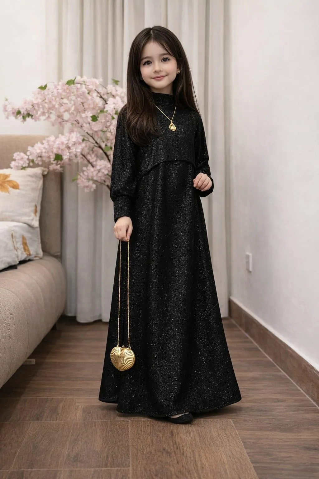Girls Black Glitter Maxi & Cap Set 2Pcs