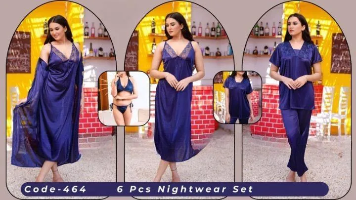 Luxurious Blue Jersey Lace Lingerie Set - 6 Pc Nightwear Set
