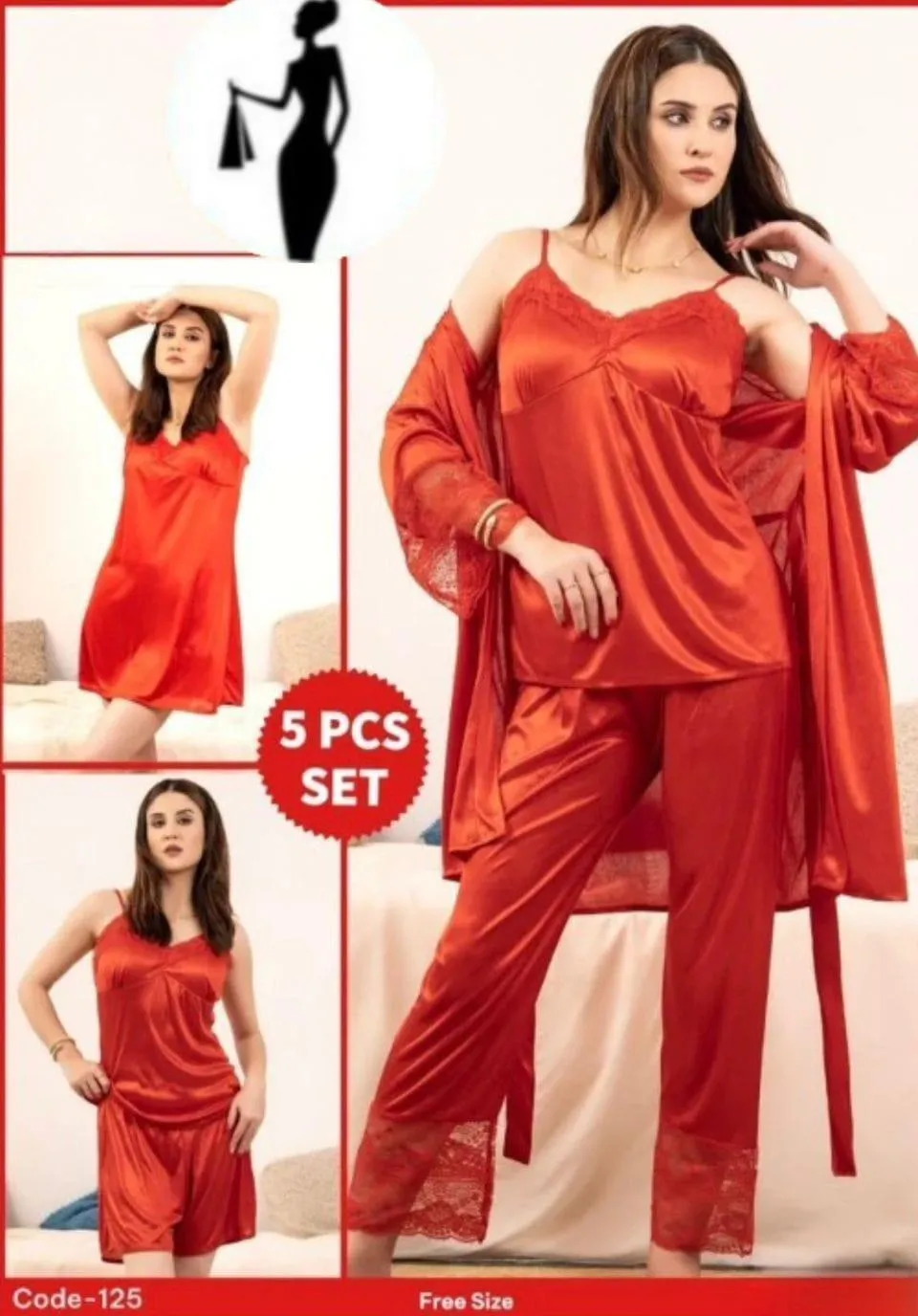 5 pcs Jersey Lace Lightweight And Breathable Nightwear Set
