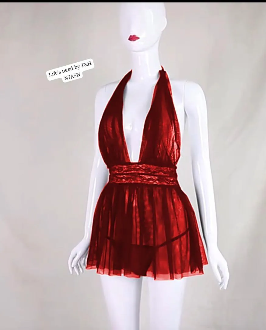 Maroon Net Frilly Nightgown Set Free Size