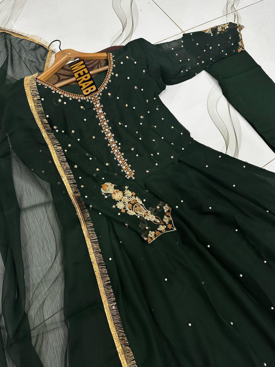Green Embroidered Maxi Suit 3Pcs Party Wear
