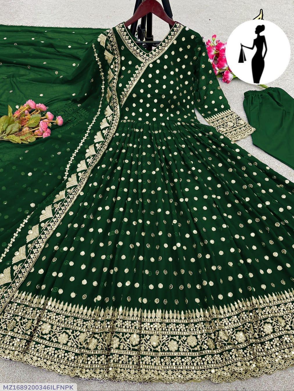 Green Embroidered Angrakha Maxi Suit 3Pcs Chiffon Set