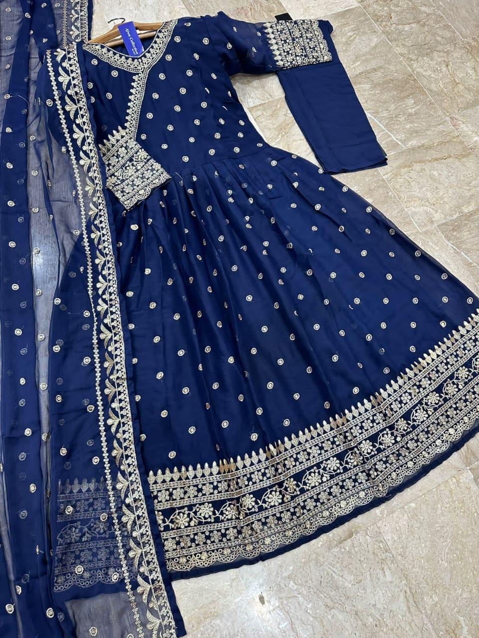 Green Embroidered Angrakha Maxi Suit 3Pcs Chiffon Set