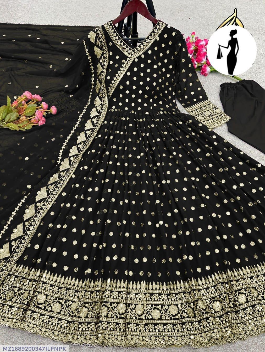 Black Embroidered Angrakha Maxi Suit 3Pcs Chiffon Set