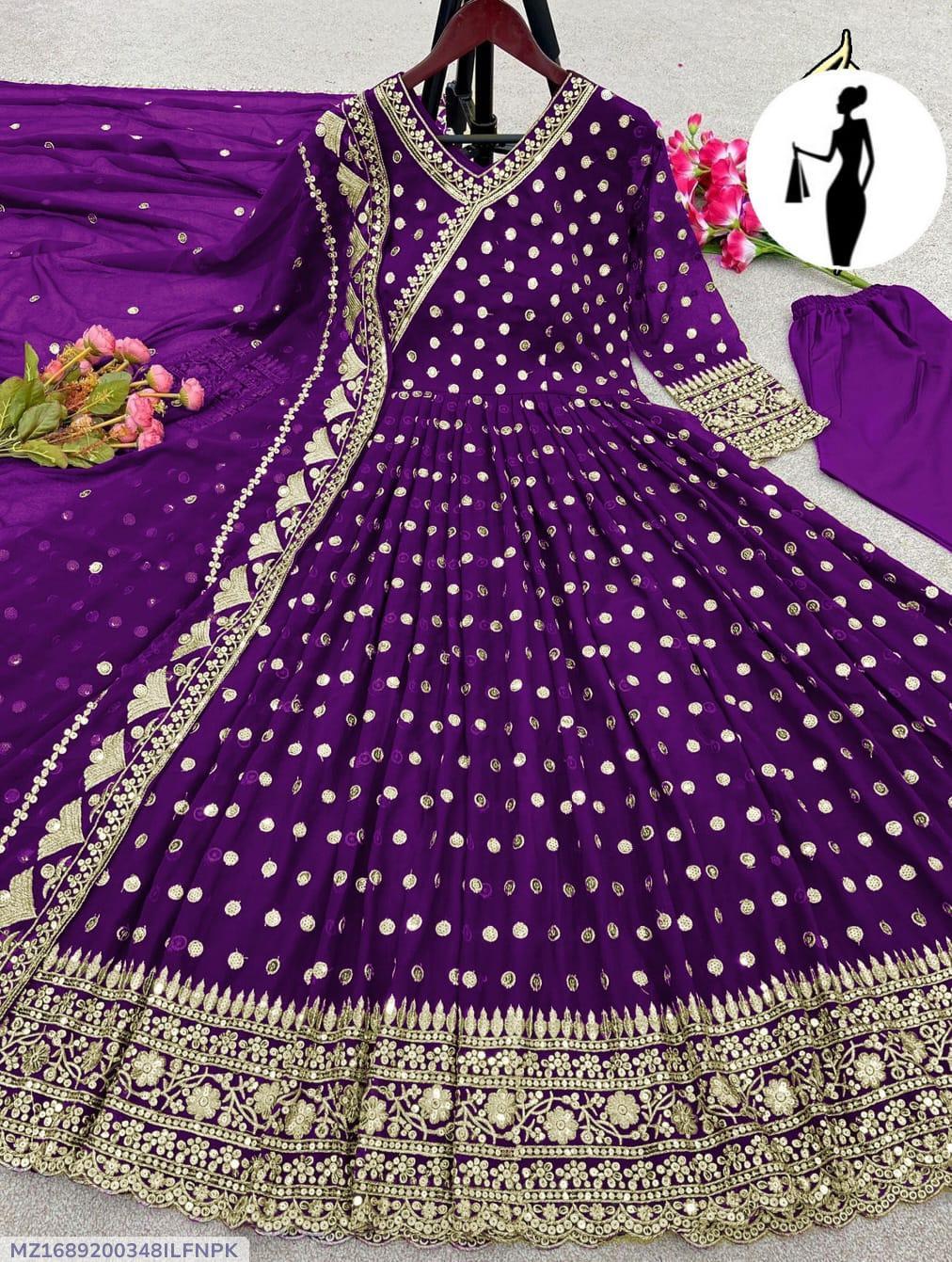 Purple Embroidered Angrakha Maxi Suit 3Pcs Chiffon Set