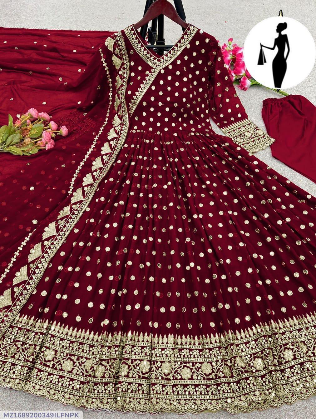 Maroon Embroidered Maxi Suit 3Pcs Chiffon U-Neck