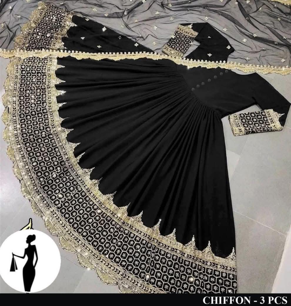 3 Pcs Women's Stitched Sequins Embroidered Maxi Suit