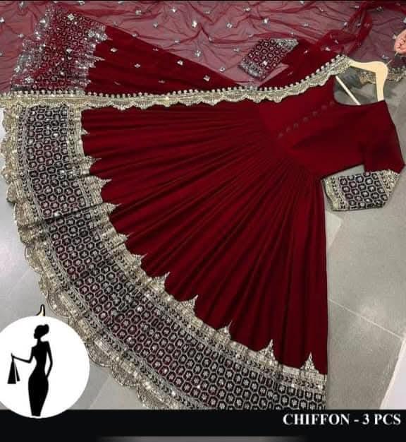 3 Pcs Women's Stitched Sequins Embroidered Maxi Suit