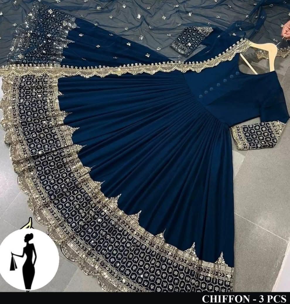 3 Pcs Women's Stitched Sequins Embroidered Maxi Suit