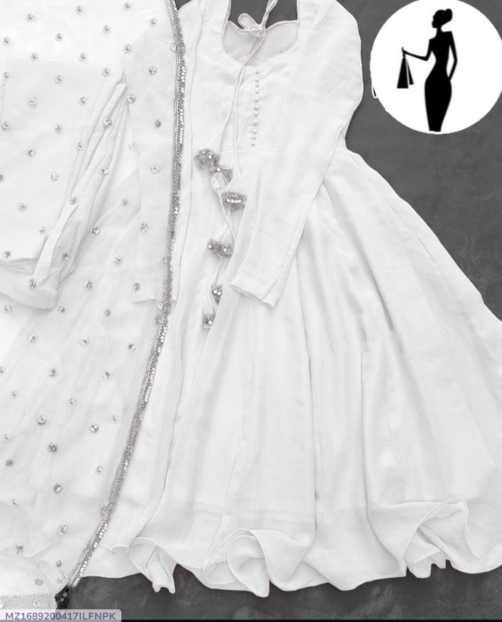 White V-Neck Chiffon Maxi Suit 3Pcs With Lace Dupatta
