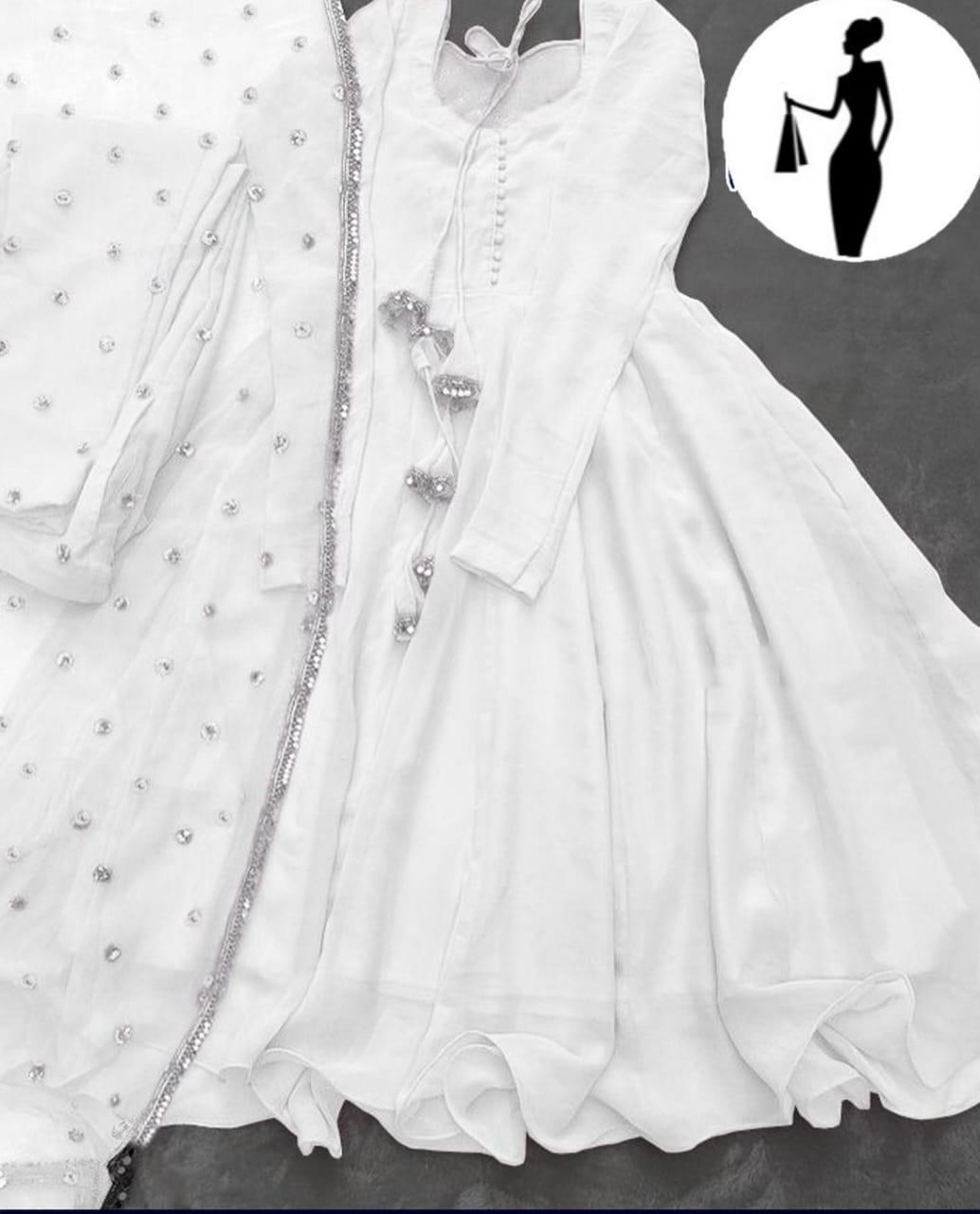 White V-Neck Chiffon Maxi Suit 3Pcs With Lace Dupatta