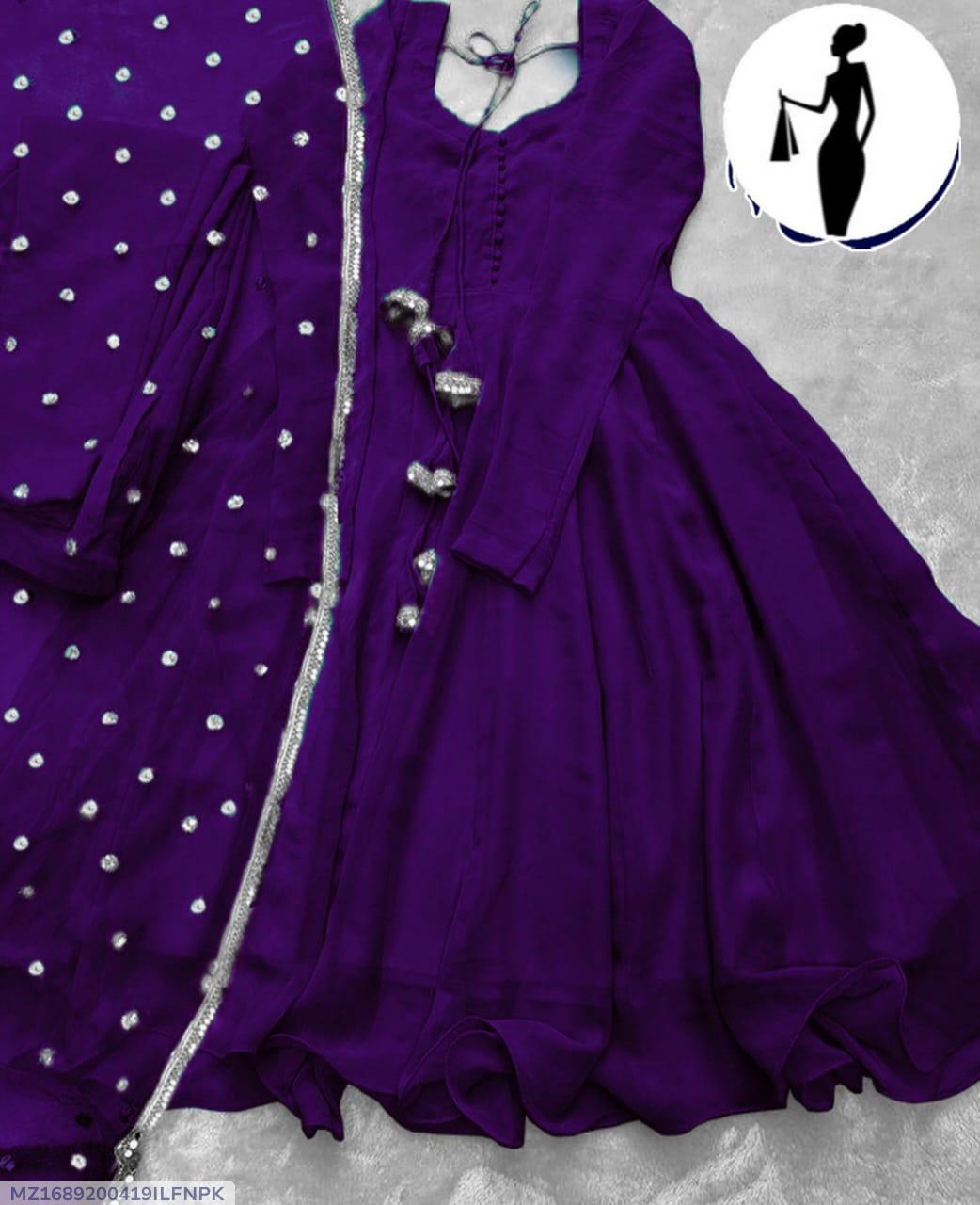 Purple V-Neck Maxi Suit 3Pcs With Lace Dupatta