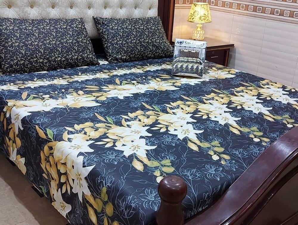 3 Pcs Cotton Salonica Printed Double Bedsheet